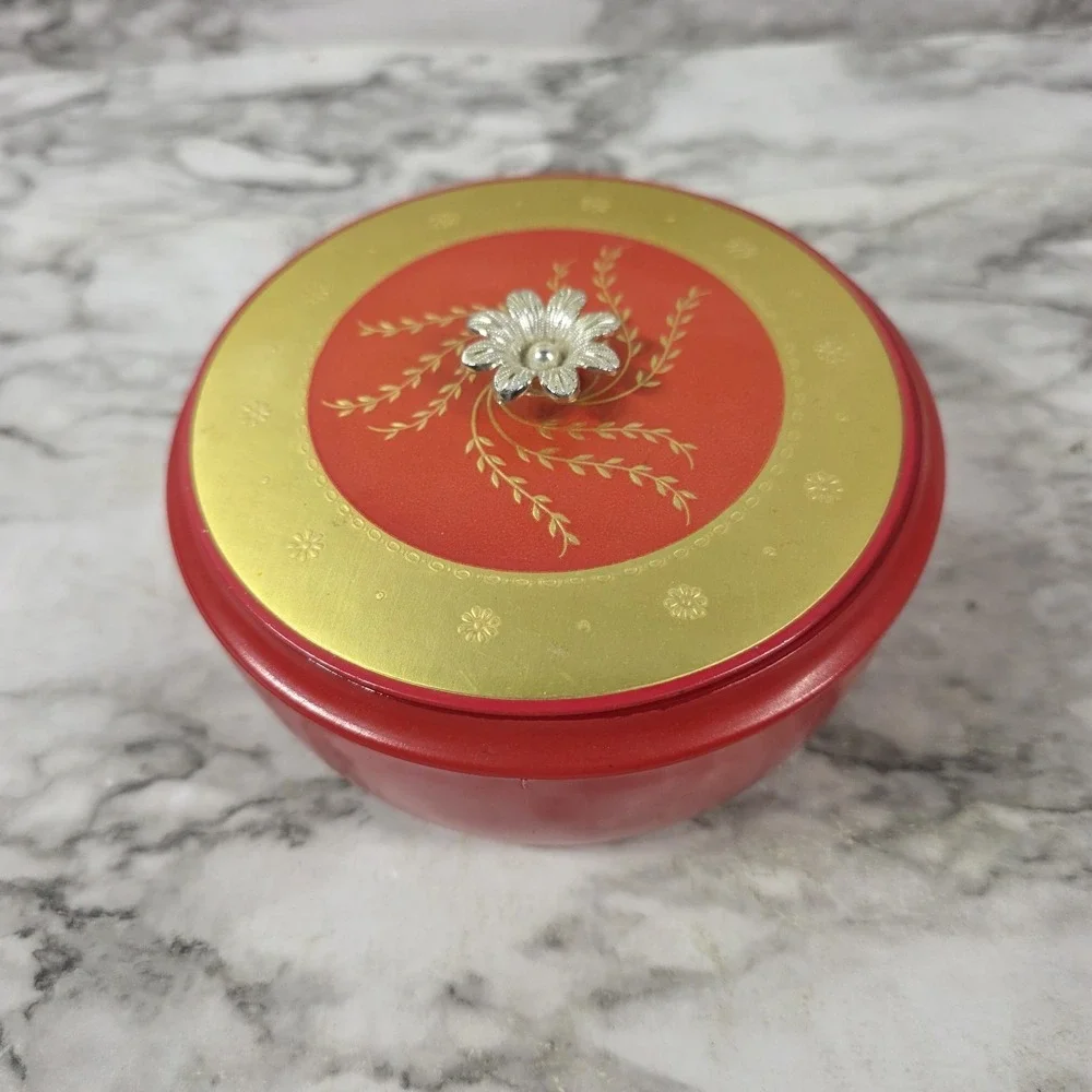 Vtg Red Avon Persian Wood Beauty Dusting Powder Glass Box W/Puff Vanity Decor